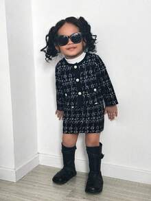 SHEIN 女婴格子长袖单排扣夹克和裙子休闲装，秋冬 - 黑與白 - 查看 6