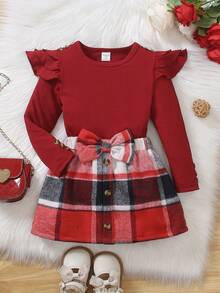 SHEIN 2pcs/Set Young Girl Ruffle Trim Red Long Sleeve T-Shirt And Plaid Butterfly Print Skirt Girls Red And Plaid Sets Red Kids Dress Girl Plaid Dress Red Skirts Sets Little Kids Girls Dress Winter - Burgundy - View 8