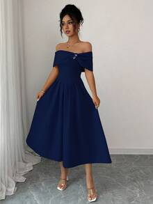 Elenzga Đầm midi xòe tay ngắn hở vai đính đá thời trang dành cho nữ - Màu xanh hải quân - Xem 5