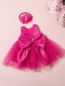 SHEIN 2件套新生儿女童珍珠风格连衣裙配玫瑰花头饰婴儿拍照服装婴儿1个月100天拍照服装 - 玫紅色 - 查看 4