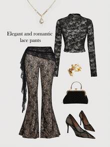 SHEIN MOD Quần ống loe ren xếp tầng dành cho nữ, quần kiểu Gothic, quần đen, quần dự tiệc, quần tây đen, quần thanh lịch cho nữ, quần suông, quần Giáng sinh - màu đen - Xem 1