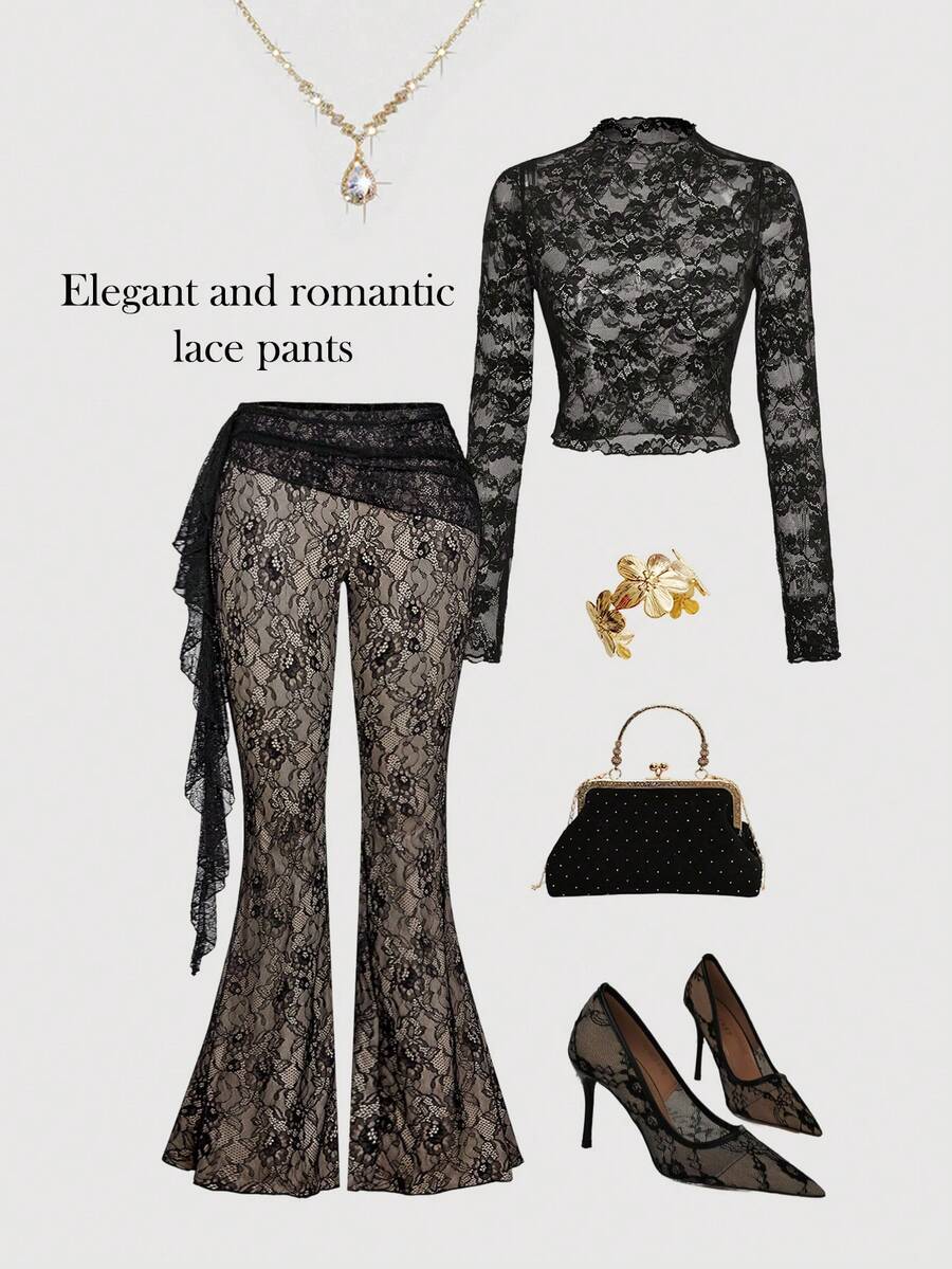 SHEIN MOD Quần ống loe ren xếp tầng dành cho nữ, quần kiểu Gothic, quần đen, quần dự tiệc, quần tây đen, quần thanh lịch cho nữ, quần suông, quần Giáng sinh - màu đen - Xem 1