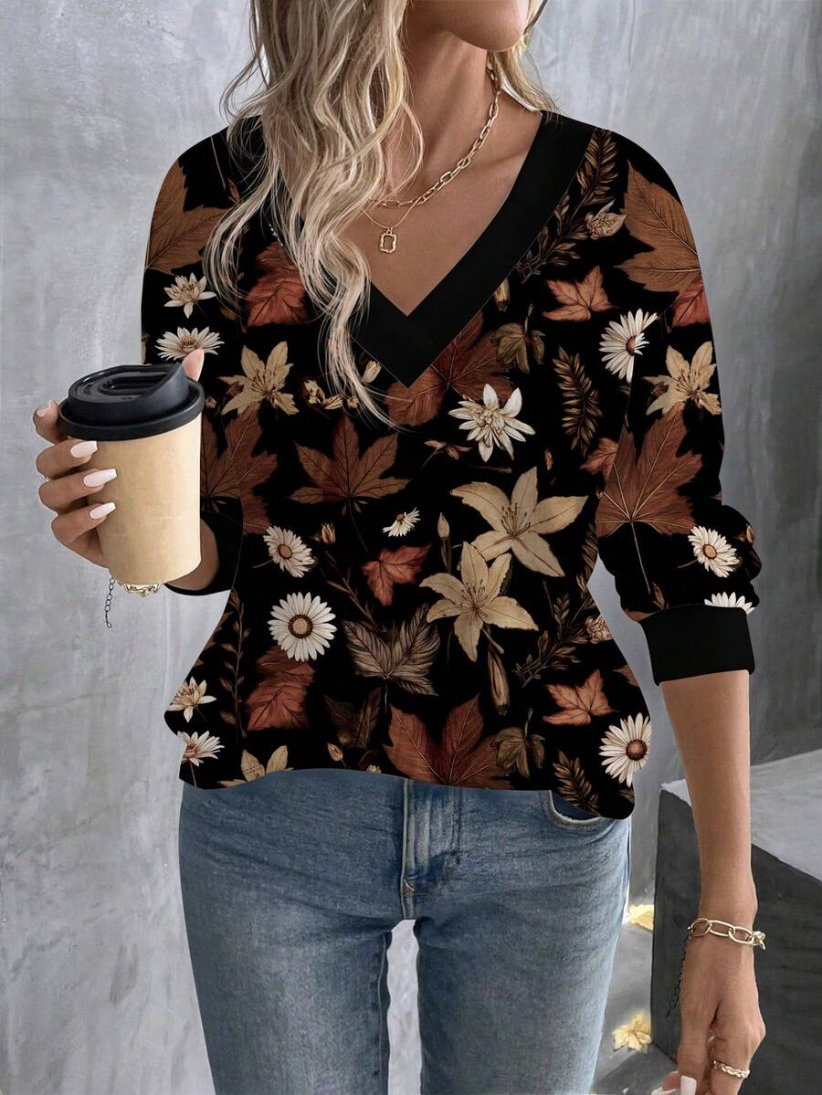 EMERY ROSE Camiseta Casual de Manga Longa com Gola Vintage Estampada com Flores, Decote em V e Camadas, Versátil para Outono/Inverno - Multicolorido - Visão 1