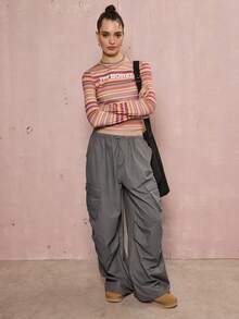 COUREZ Slogan Long Sleeve Stripe Top , Y2K Fall Winter For Women Going Out Tops Graphic T-Shirt Casual Multicolor Striped Top