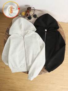 SHEIN 2pcs/Set Kaos Hoodie Longgar Kasual Serbaguna Warna Polos untuk Remaja Perempuan, Cocok untuk Musim Gugur/Musim Dingin - Grey - View 7