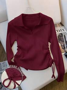 SHEIN 女式长袖上衣，光滑罗纹面料 - 玫紅色 - 查看 1
