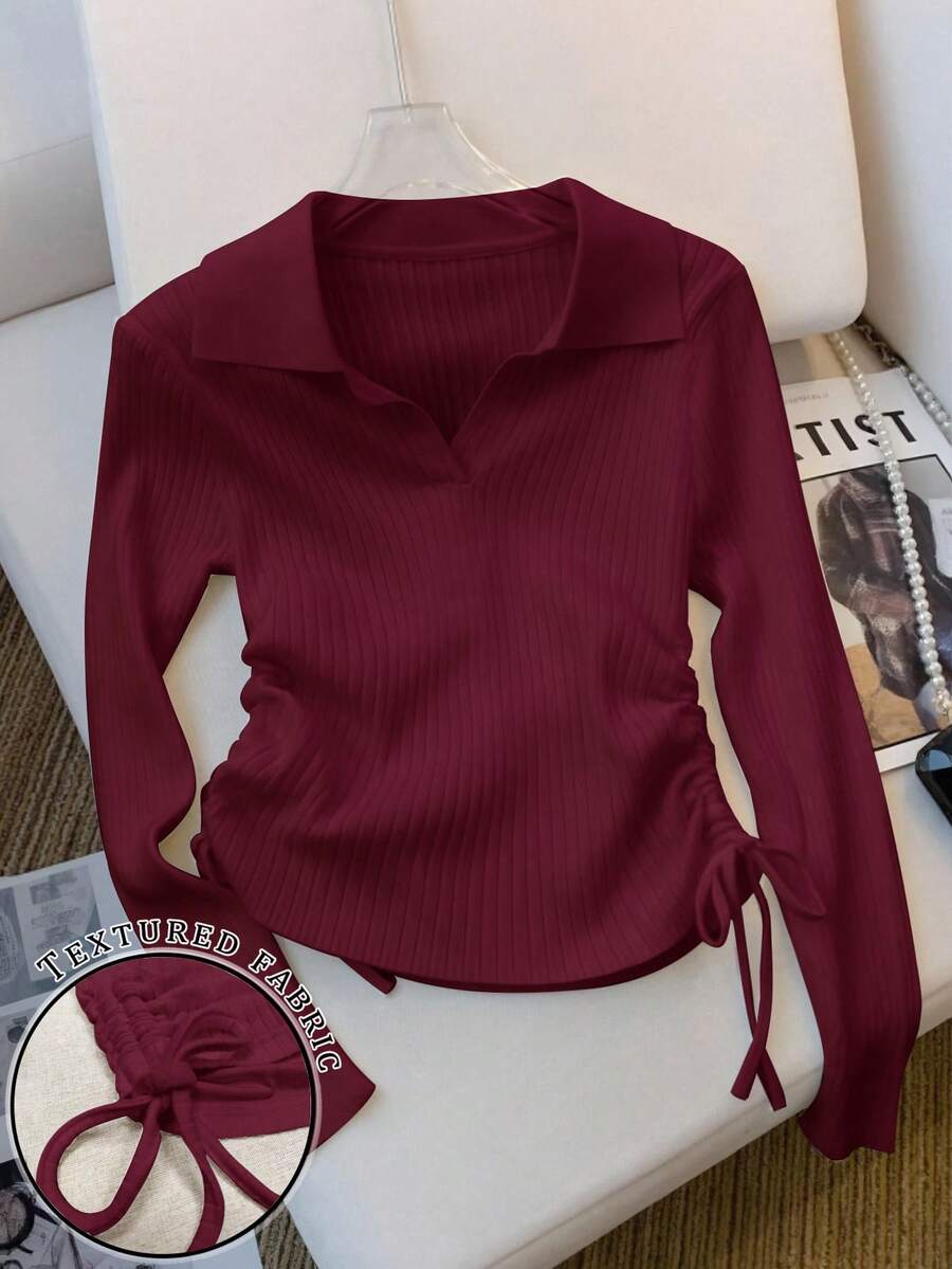 SHEIN 女式长袖上衣,光滑罗纹面料 - 玫紅色 - 查看 1
