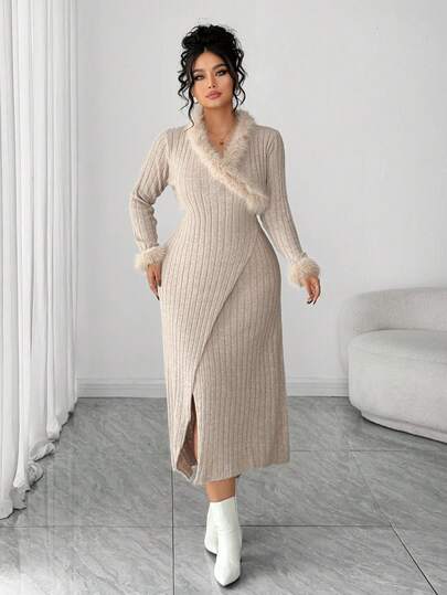 Elenzga Plus Size Women Long Sleeve Elegant Patchwork Knitted Sweater Dress, Autumn/Winter