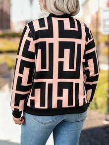 大码女式几何印花长袖拉链休闲棒球夹克，秋季 - 彩色 - 查看 2