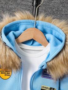 SHEIN Playful Pals Toddler Boys' Hooded Top With Embossed Chest And Furry Collar, Matching Casual Pants, Fashion Versatile, Suitable For Autumn/Winter Baby Boy Hoodie Set Baby Tracksuit - Blue - View 8