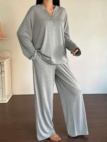 DAZY 简约舒适针织女式睡衣套装，秋冬服装 - 灰色 - 查看 6