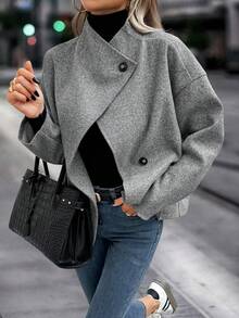 Easura 大码女式休闲新款复古硬币翻领单排扣高领灰色羊毛混纺粗花呢夹克，秋冬