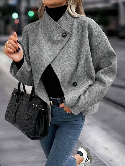 Easura Plus Size Women's Casual New Vintage Coin Lapel Single-Breasted High Collar Gray Wool Blend Tweed Jacket, Autumn/Winter