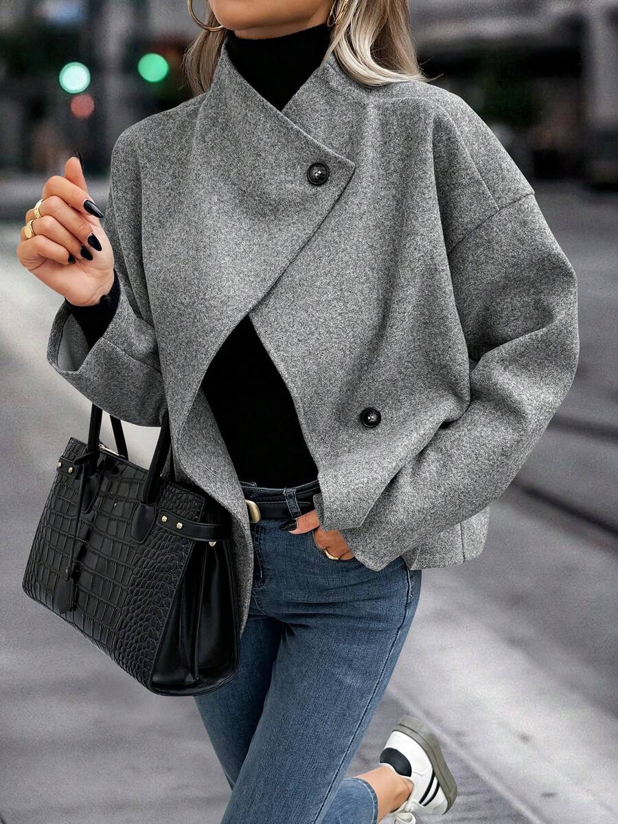 Easura 大码女式休闲新款复古硬币翻领单排扣高领灰色羊毛混纺粗花呢夹克，秋冬