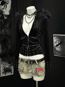 EgrlEra Áo nỉ trùm đầu màu đen dành cho nữ có cổ lông thú giả và trang trí bằng kim loại - màu đen - Xem 3