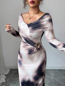 Modelyn Vestido de Manga Longa com Design Ombré Metalizado e Franzido para Mulheres - Castanho - Visão 3
