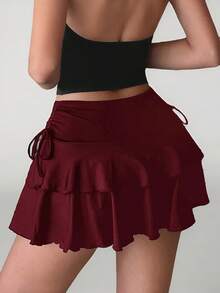 SHEIN Tall Women Solid Color Side Drawstring Double Ruffle Hem Mini Skirt, Tall Women - Burgundy - View 6