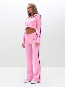 BABYPHAT 拉链连帽运动衫，罗纹纹理，徽标印花，休闲舒适 - 粉色 - 查看 4