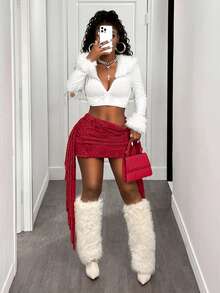 BamGleam Chân váy tua rua xếp ly màu trơn đơn sắc dành cho nữ - Đỏ - Xem 7