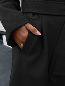 Xyvia Autumn And Winter Women's Casual High-Neck Button Belt Long Woolen Coat, Old Money Style Women's Clothing/Women's Office Wear/Outing Wear, Women's Autumn Clothing - Black - View 8