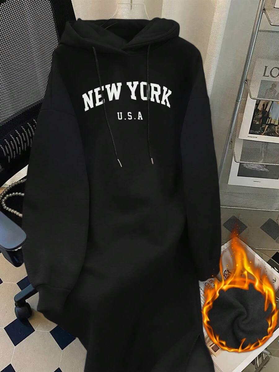 SHEIN 女式羊毛连帽连衣裙，配有抽绳和纽约字母印花，黑色长袖运动衫图案套装