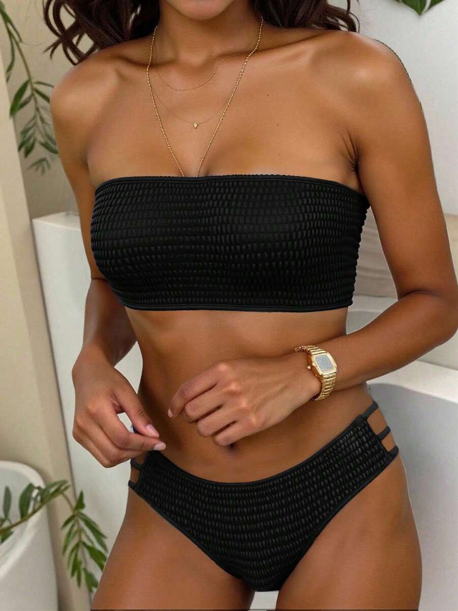 SHEIN Swim Bộ đồ bơi bikini 2 mảnh hở lưng gợi cảm, hở lưng, cắt cao bên hông, thời trang xuân/hè 2026 dành cho nữ - màu đen - Xem 1