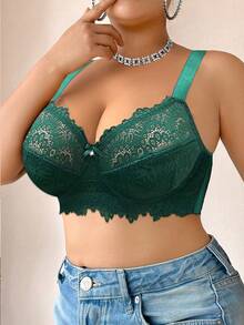 SHEIN 1pc Plus Size Lace Patchwork Underwire Lingerie Bra, Christmas - Green - View 4