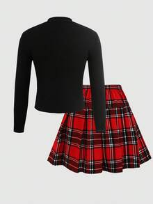 SHEIN Teen Girl Elegant Casual Mock Neck Long Sleeve T-Shirt And Plaid Pleated A-Line Skirt Set - Multicolor - View 2