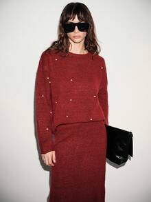 SHEIN Luminelle 2 件女士优雅手工水钻针织毛衣和裙子套装，宽松星空套头衫和中长裙