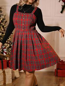 Flirla 加大码圣诞格子褶饰腰部短款吊带连衣裙 - 紅色 - 查看 5