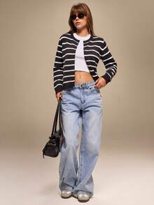 Hanevo 女式条纹休闲针织上衣，时尚设计，秋冬 - 黑與白 - 查看 3