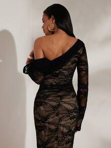 Opulessa Vestido ajustado de manga larga, hombros descubiertos, de punto de unicolor y encaje para vacaciones para mujeres