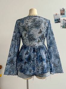 Soleia 大码女式复古绿色花卉印花针织网眼前开襟系腰喇叭袖衬衫 - 藍色 - 查看 2