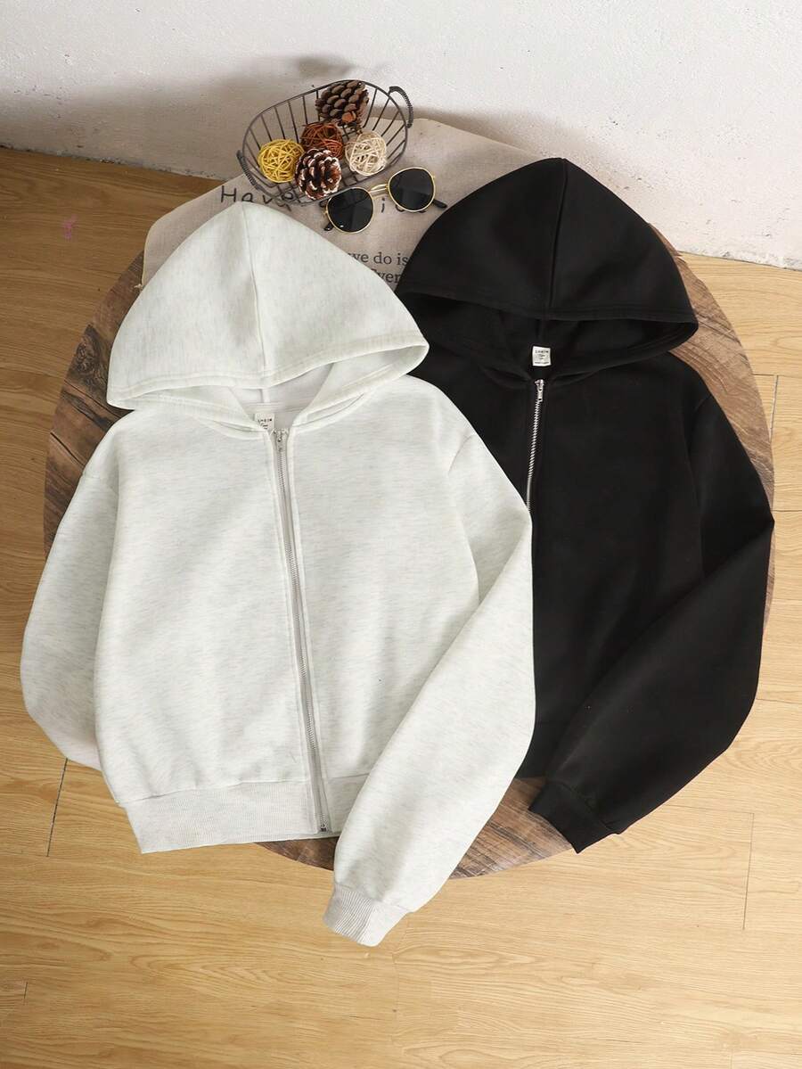 SHEIN 2pcs/Set Kaos Hoodie Longgar Kasual Serbaguna Warna Polos untuk Remaja Perempuan, Cocok untuk Musim Gugur/Musim Dingin - Grey - View 1