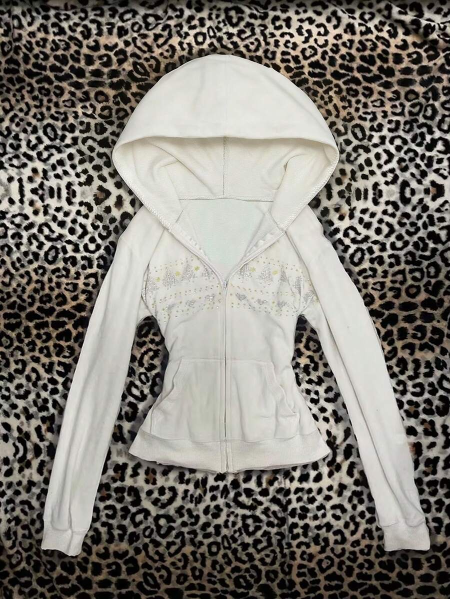 INAWLY Bestselling Faux Rhinestone Print Slim Fit Hooded Women Sweatshirt Jacket - Multicolor - View 1