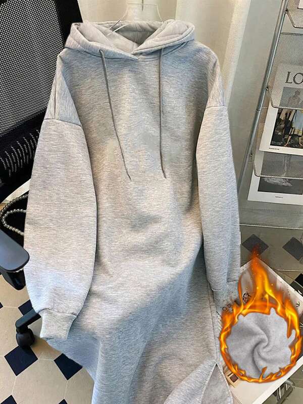 Resyla Women's Fleece Hooded Dress With Drawstring Solid Color Grey Long Sleeve Sweathirt Outfit