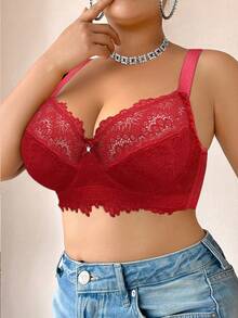 LustreForm 1pc Plus Size Lace Patchwork Underwire Bra, For Christmas - Red - View 5