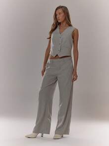 MUSERA 灰色条纹阔腿西装裤，优雅可爱性感街头风，适合秋季、夜晚外出和春季穿着。 - 灰色 - 查看 5