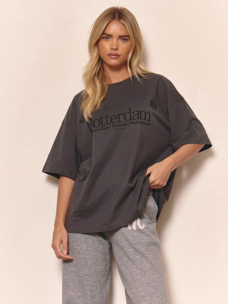 MUSERA 超大印花T恤，可爱酷女孩舒适日常休闲田园风复古奶油糖色优雅假日派对春夏款 - 深灰色 - 查看 1