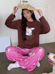 DAZY Cartoon Muster Locker Sitzende T-Shirt Top & Pyjama Hose 2 Stücke Schlafanzug Set für Frauen