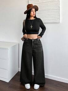 Dripcurv Plus Size Casual Loose Straight Leg Khaki Jeans Fall And Winter Denim Jeans Halloween Outfits Wide Leg Jeans Fashionable Solid Retro Washed Vintage Denim Oversized Jeans