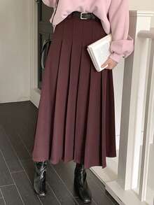 DAZY 复古褶皱半身裙，优雅休闲A字裙，女士 - 酒紅色 - 查看 4