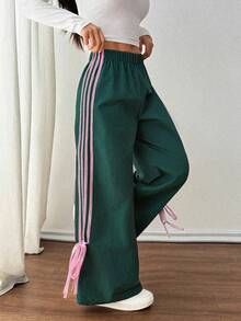 SHEIN PETITE Women's Green Side Contrast Pink Bowknot Elastic Waist Pants Y2k Pants Drawstring Pants Green Pants Track Pants Wide Leg Pants