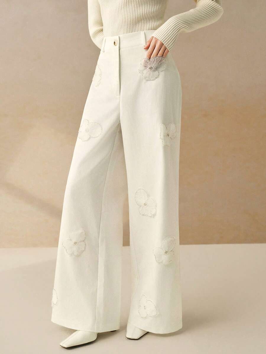 Cévolie White 3D Floral Decor Wide Leg Women Pants