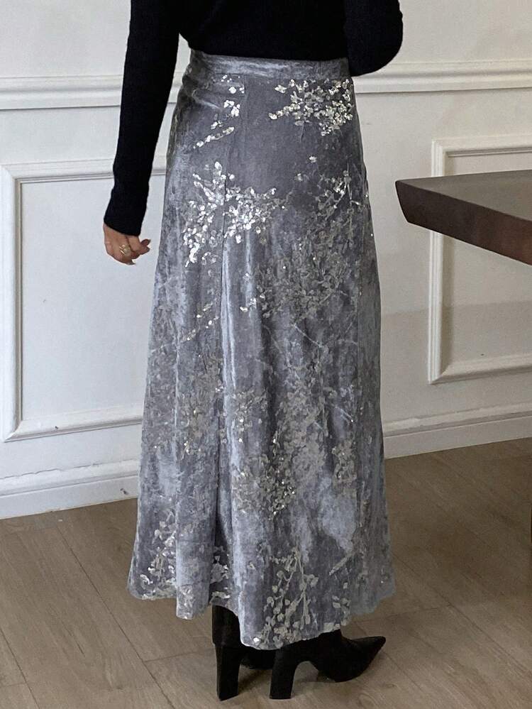 Floral Sequin Embellished Velvet Skirt, Elastic Waist A-Line Elegant Skirt For Women, Autumn/Winter