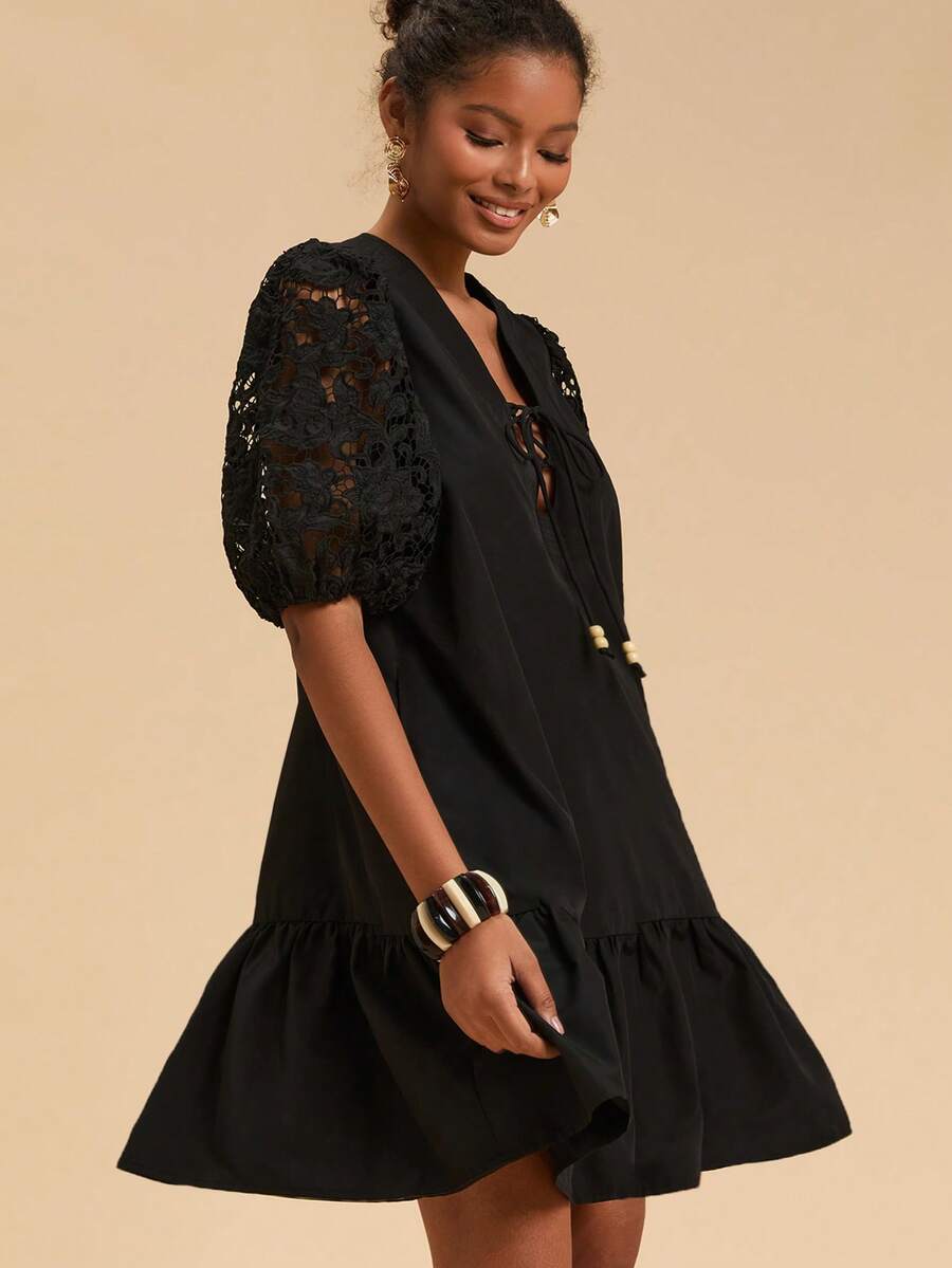 Travachic Women's Solid Color Hollow Out Short Sleeve Dress, Black Lace Dress, French Style Dress With Puff Sleeve, Christmas Party Clothes, New Year Look, Thanksgiving Outfits, Elegant Dresses Party, Luxury Evening Dresses For Weddings, Sexy Club Outfits, Black Lace Sleeve Dress, Puff Sleeve Dress