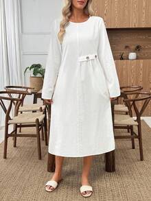 EMERY ROSE 女式纯色圆领长袖侧扣设计休闲中长连衣裙 - 白色 - 查看 6