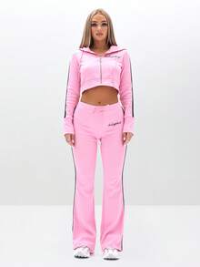 BABYPHAT 拉链连帽运动衫，罗纹纹理，徽标印花，休闲舒适 - 粉色 - 查看 3