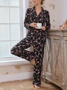 CottageSlumber Conjunto de pijama con top de cuello con solapa y pantalones con estampado floral de burbujas y arrugas, ropa de otoño e invierno - Multicolor - Ver 4