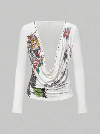 Grunge Punk Retro Y2K sexy tief drapierter Ausschnitt Langarm-Top mit Nieten, Vintage Tigerkopf, floraler Geisha-Muster und Strass-Verzierungen